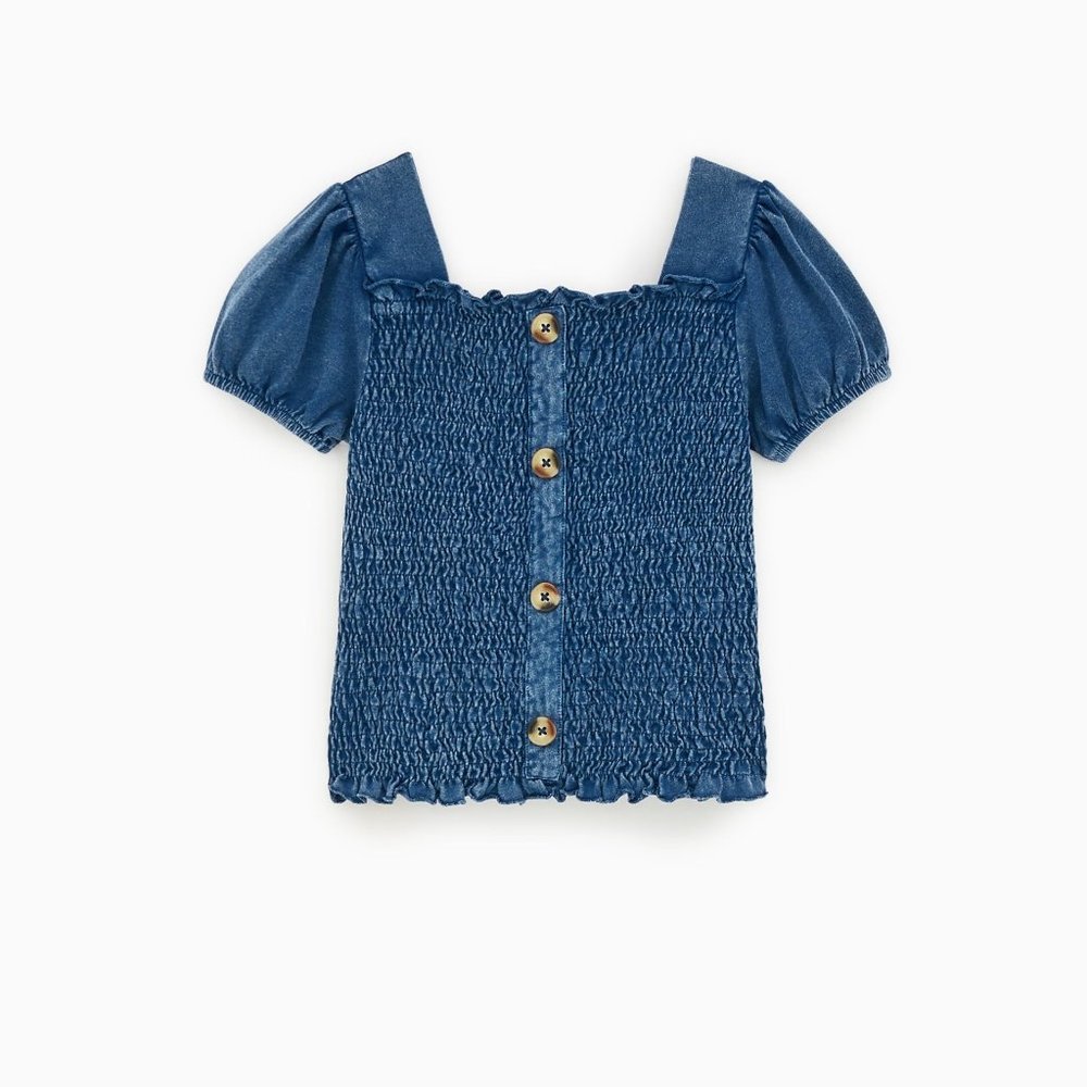 Zara Girls Blue Smocked Denim Top 11-12